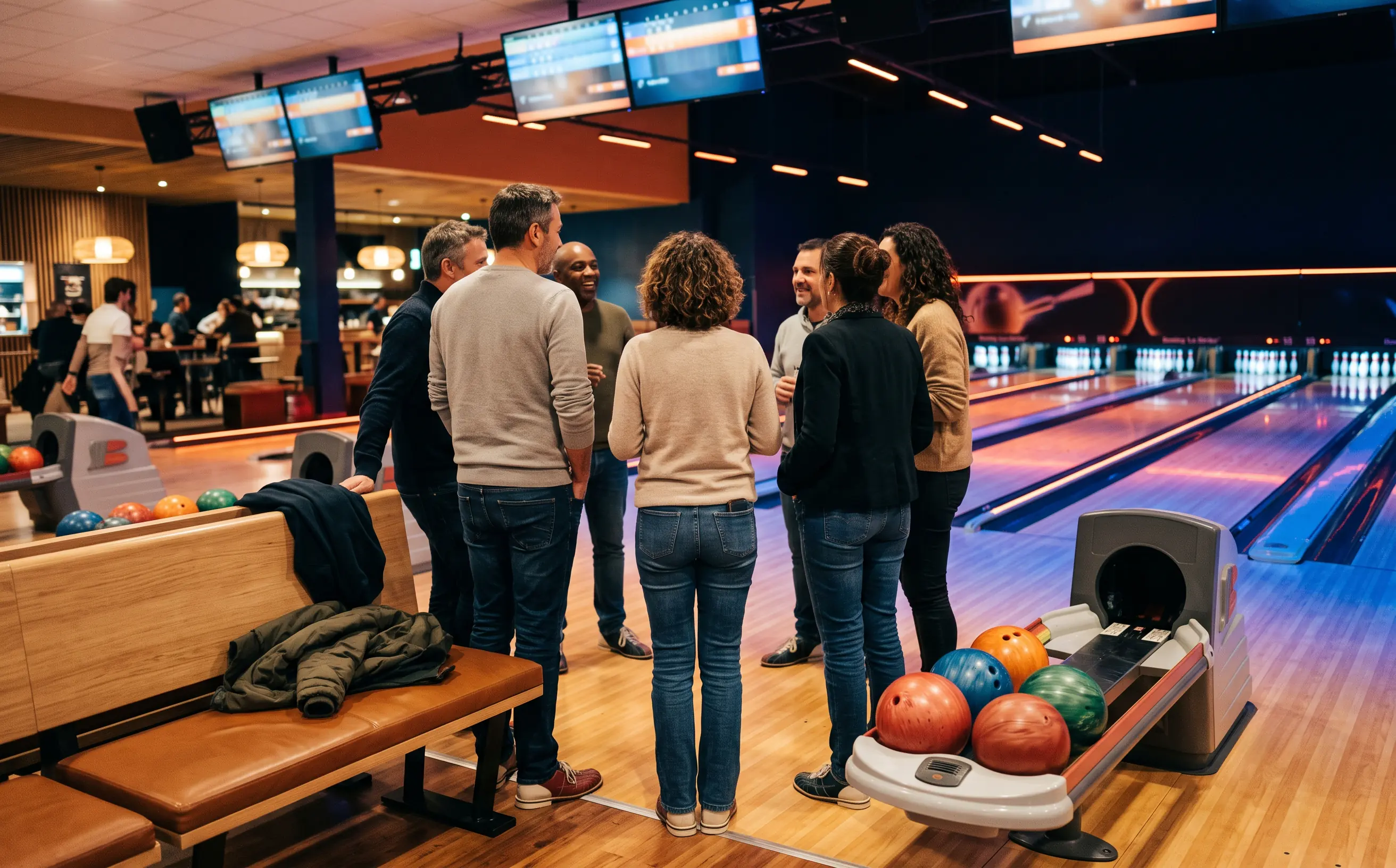 Bowling aux allées illuminées, boules de couleur au premier plan et un petit groupe réuni devant les pistes
