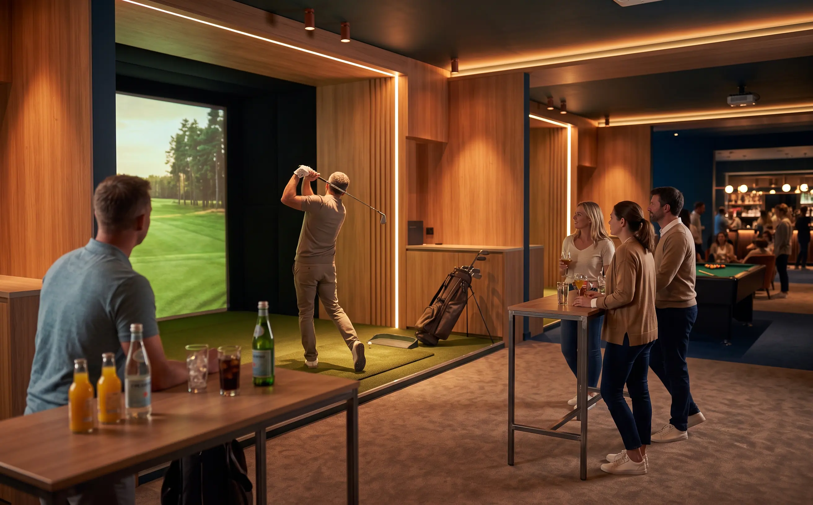 Simulateur de golf indoor, swing face à l’écran d’un parcours, bar lounge en arrière-plan