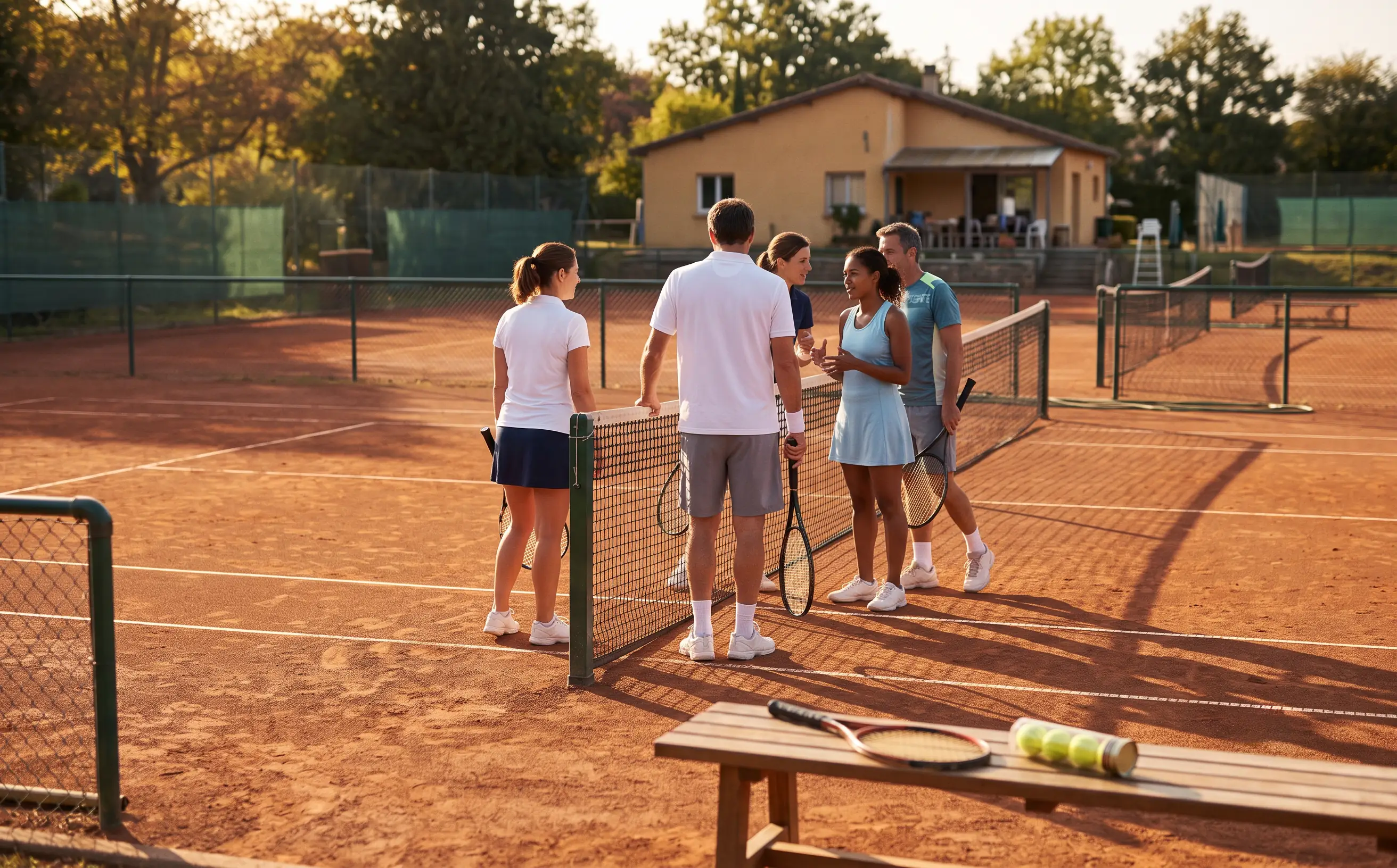 Court de tennis en terre battue au soleil couchant, raquettes en main près du filet devant le club-house